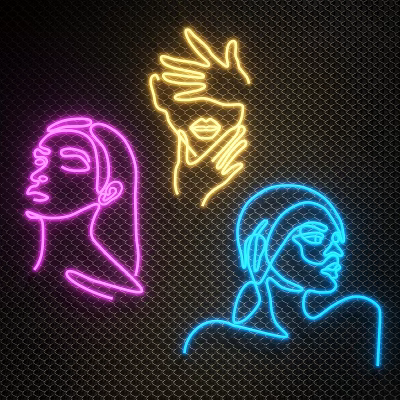 Neon Decorative Lights With Female Silhouettes In Pink Yellow Blue On Black Grid 3d model