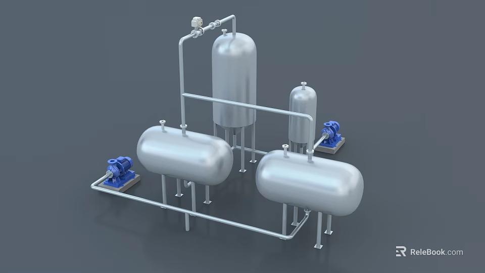 Industrial Equipment With Metal Tanks Blue Pumps And Pipeline System 3d model 