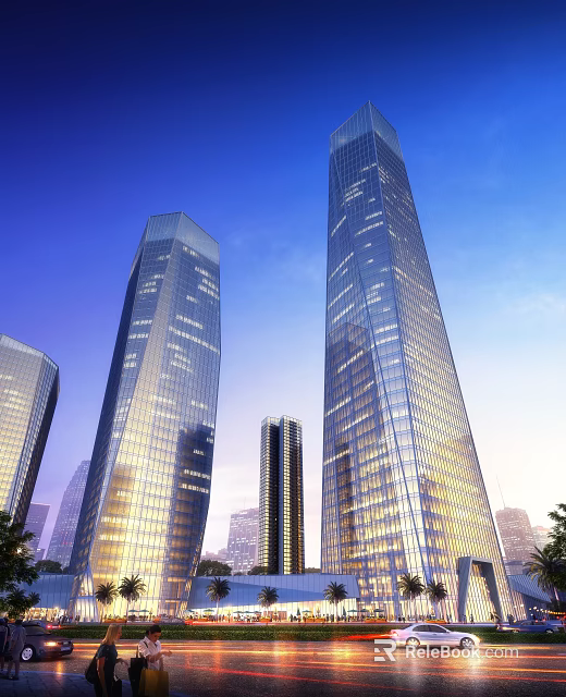 Modern Office Buildings With Glass Curtain Walls Tall Structures In City Skyline At Night 3d model 