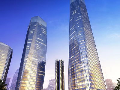 Modern Office Buildings With Glass Curtain Walls Tall Structures In City Skyline At Night 3d model