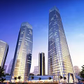 Modern Office Buildings With Glass Curtain Walls Tall Structures In City Skyline At Night
