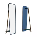 Modern Full Length Standing Mirror With Wooden Frame Blue Silver Finish And Bottom Shelf