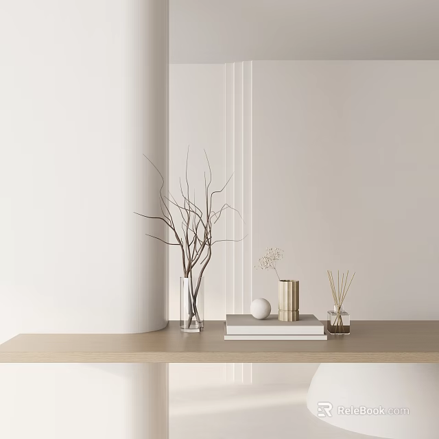 Light Colored Wooden Countertop Decorative Ornament Set With Dried Branches Vase Books And Fragrance Bottle 3d model 