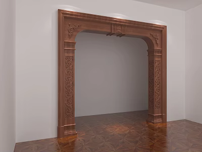Carved Wooden Door Arch With Intricate Designs White Walls And Wooden Floor 3d model