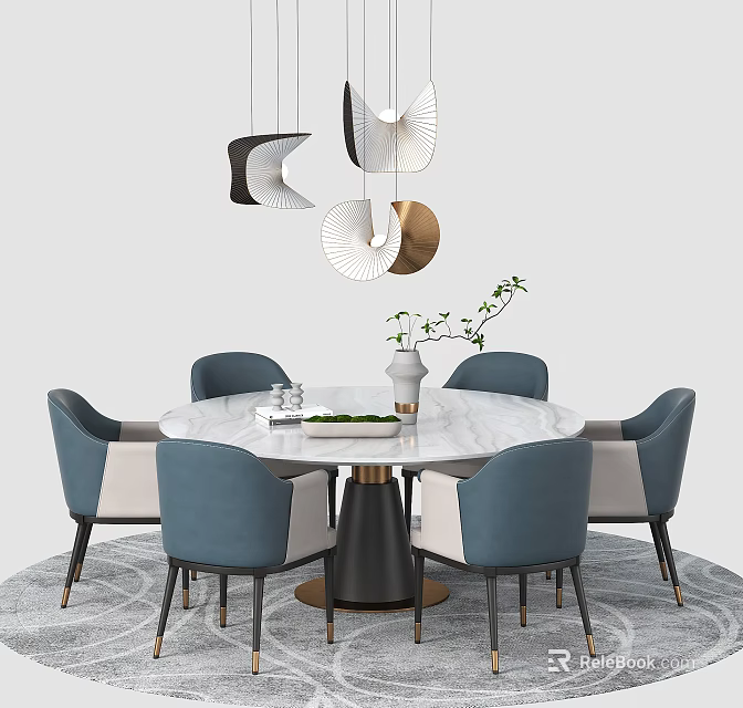 Elegant Round Dining Table Set with Marble Tabletop Blue Chairs and Pendant Lights 3d model