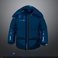 Blue Shiny Puffer Jacket With Metallic Finish Collar And Zipper Details