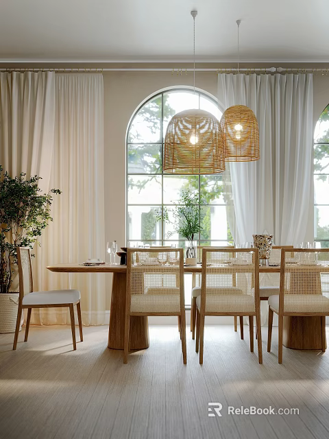 Elegant Restaurant Dining Space With Arched Windows Rattan Pendant Lights White Curtains And Rattan Chairs 3d model 