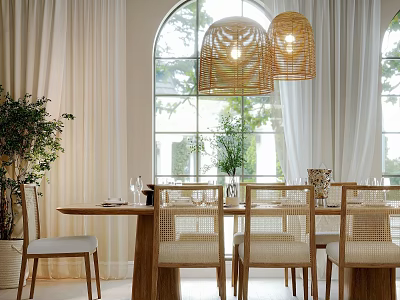Elegant Restaurant Dining Space With Arched Windows Rattan Pendant Lights White Curtains And Rattan Chairs 3d model