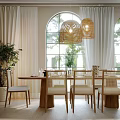 Elegant Restaurant Dining Space With Arched Windows Rattan Pendant Lights White Curtains And Rattan Chairs