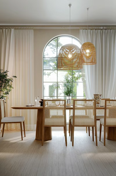 Elegant Restaurant Dining Space With Arched Windows Rattan Pendant Lights White Curtains And Rattan Chairs 3d model
