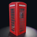 Classic Red Telephone Booth Structure With Glass Doors And Telephone Signage