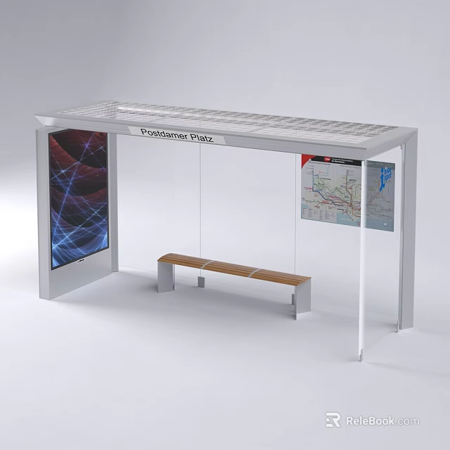 Downtown Square Bus Shelter With Wooden Bench Digital Screen And Map 3d model 