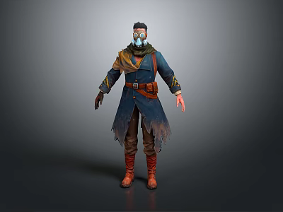 Adventurous 3D Character Model Featuring Blue Coat Scarf Mask Brown Belt and Red Boots 3d model