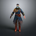 Adventurous 3D Character Model Featuring Blue Coat Scarf Mask Brown Belt and Red Boots