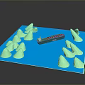 Blue Board Model Scene With Green Boat And Light Green Mountain Shapes