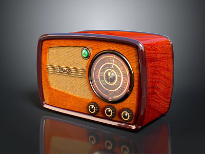 Vintage Wooden Radio Speaker Featuring Classic Dial Green Indicator And Control Knobs 3d model