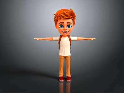 Smiling Red Haired Boy With Backpack White Tshirt Khaki Pants Red Shoes And Open Arms 3d model