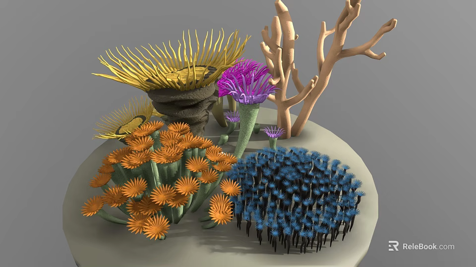 Colorful Marine Coral Reef With Yellow Purple Orange Blue Corals And Branch Structures 3d model 