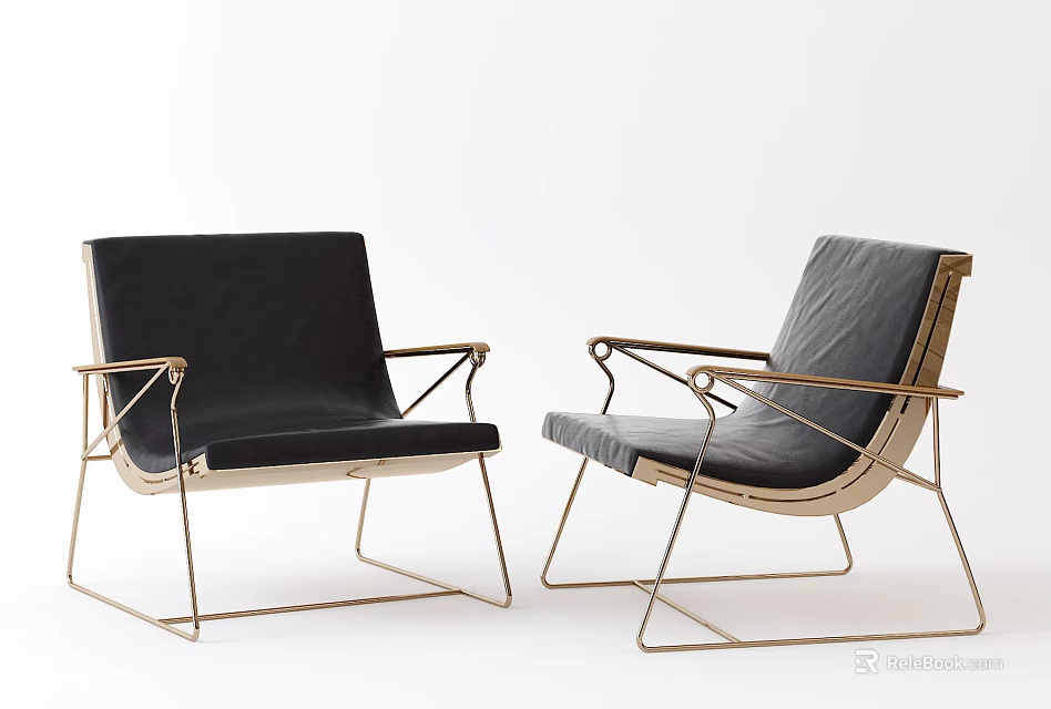 Modern Minimalist Lounge Chairs With Metal Frame Stylish Armrests And Black Gray Cushions 3d model 