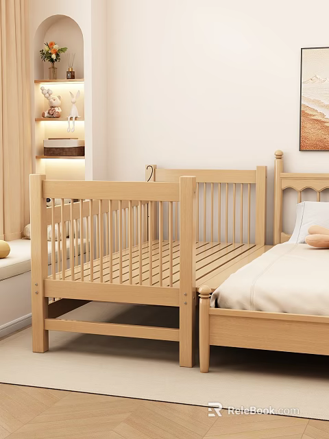 Wooden Kids Bed With Safety Guardrail In Simple Bedroom Interior Design Style 3d model 
