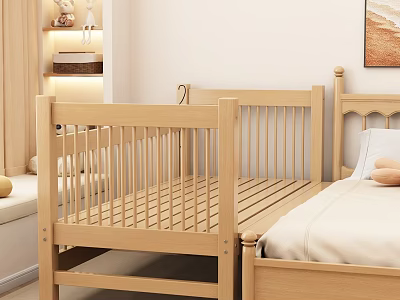 Wooden Kids Bed With Safety Guardrail In Simple Bedroom Interior Design Style 3d model