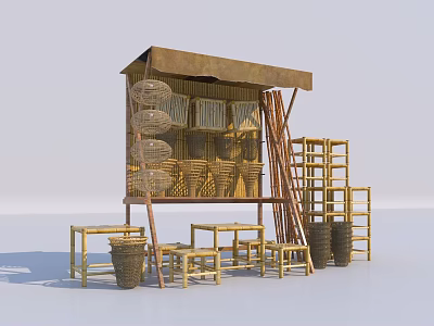 Bamboo Commercial Market Stall With Shelves Stools And Display Baskets 3d model