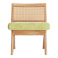 Modern Wooden Dining Chair With Rattan Backrest And Green Padded Seat