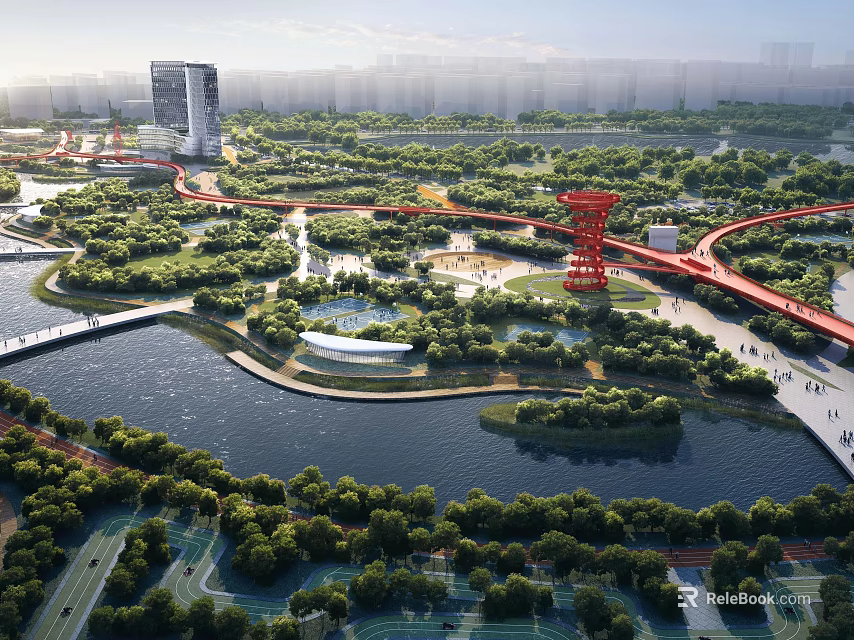 Urban Park Landscape With River Green Trees Red Bridge Winding Paths And Distant Buildings 3d model 