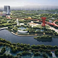Urban Park Landscape With River Green Trees Red Bridge Winding Paths And Distant Buildings