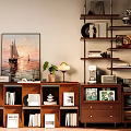 Modern Wooden Storage Cabinets With Books Decorations Potted Plant And Table Lamp