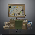 Office Desk Setup With Bulletin Board Green Chair Storage Boxes And Supplies