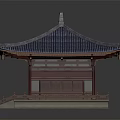 Cartoon Scene of Traditional Chinese Building with Blue Roof Red Columns and Curved Eaves