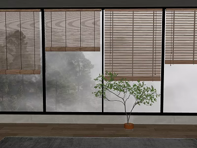 Stylish Window Blinds Framing Foggy Tree View with Small Potted Plant Indoors 3d model