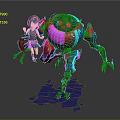 Anime Style Girl And Colorful Robot Creature With Multiple Legs Round Head And Blue Liquid