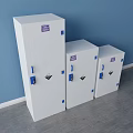 White Safety Cabinets With Blue Handles Purple Labels And Warning Signs In Different Sizes