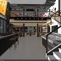 Vintage Restaurant Interior Design With Wooden Tables Chairs Pendant Lights And Staircase Partition