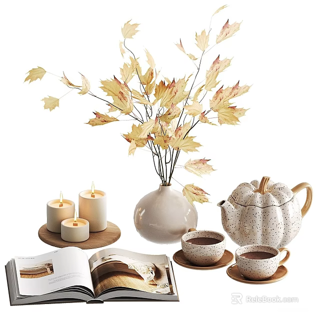 Decorative Ornament Combination With Vase Dried Leaves Candles Tea Cups And Pumpkin Teapot 3d model 
