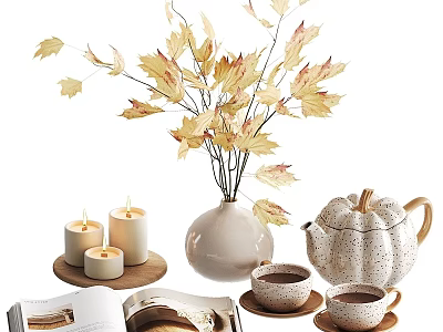 Decorative Ornament Combination With Vase Dried Leaves Candles Tea Cups And Pumpkin Teapot 3d model