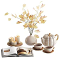 Decorative Ornament Combination With Vase Dried Leaves Candles Tea Cups And Pumpkin Teapot