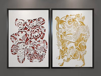 Traditional Red And Gold Paper Cut Art Decorative Wall Hangings With Intricate Patterns 3d model