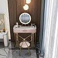 Elegant Modern Dressing Table Interior With Round Mirror Pink Countertop Gold Frame And Pink Chair