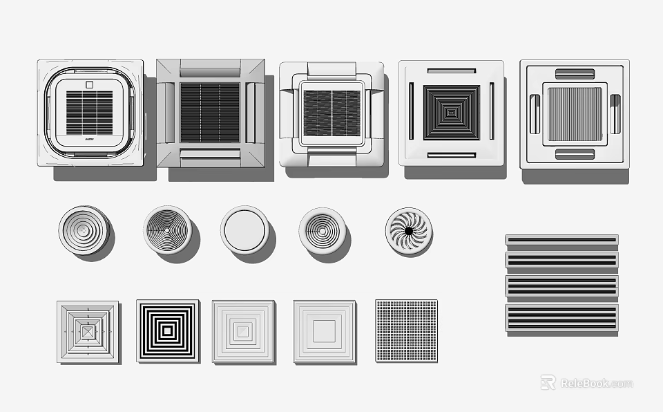 Air Conditioner Fan Components With Various Design Styles And Grille Patterns 3d model 