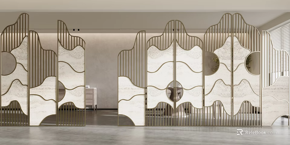 Modern Metal Frame Room Divider With Wave Design And Marble Panels For Interior Decor 3d model 