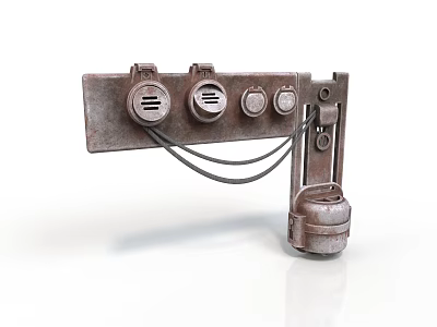 Rusty Metal Equipment with Round Knobs and Hanging Cables and Attached Metal Container 3d model