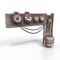 Rusty Metal Equipment with Round Knobs and Hanging Cables and Attached Metal Container