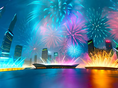Colorful Cartoon Night Scene With City Skyline Bright Fireworks And Shimmering Water Reflection Lights 3d model