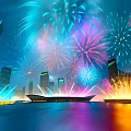 Colorful Cartoon Night Scene With City Skyline Bright Fireworks And Shimmering Water Reflection Lights