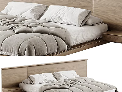 Modern Double Bed With Wooden Headboard White Pillows And Gray Comforter 3d model
