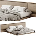 Modern Double Bed With Wooden Headboard White Pillows And Gray Comforter