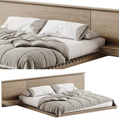 Modern Double Bed With Wooden Headboard White Pillows And Gray Comforter 3d model